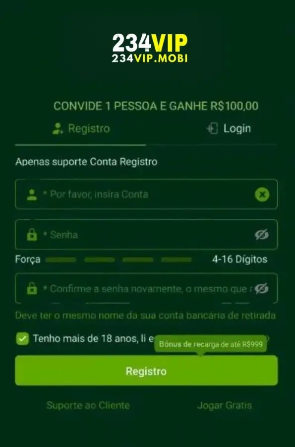 Usuário registrando-se no 234VIP cassino.